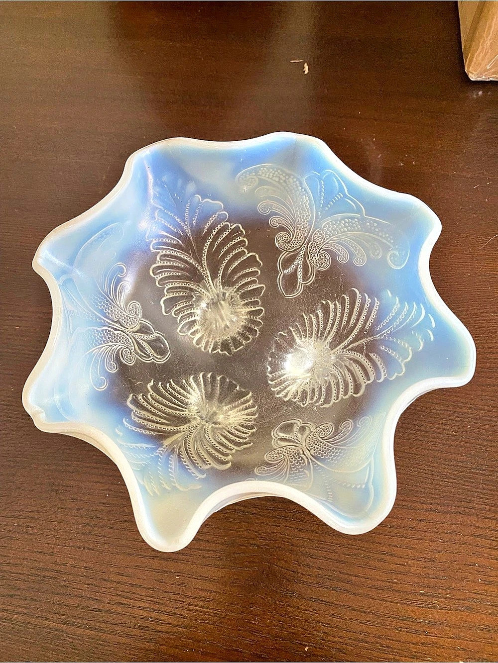 Vintage Northwood Inverted Fan and Feather Footed Bowl Blue & Clear